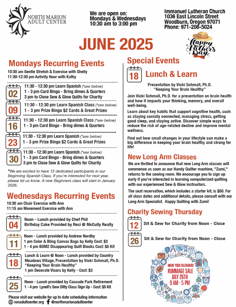 2025 June North Marion Adult Center Event Calendar