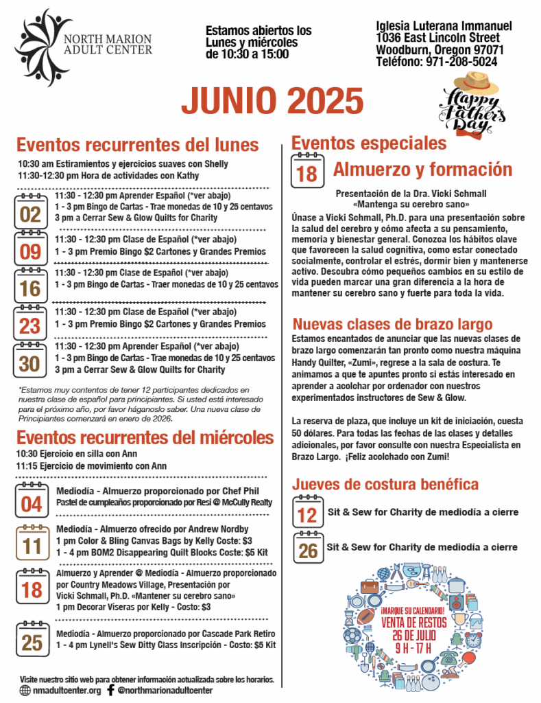 En Espanol 2025 JUNIO North Marion Adult Center Event Calendar