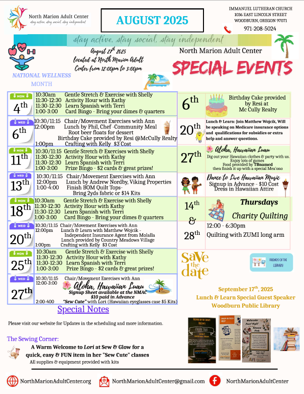 2025 AUGUST North Marion Adult Center Event Calendar