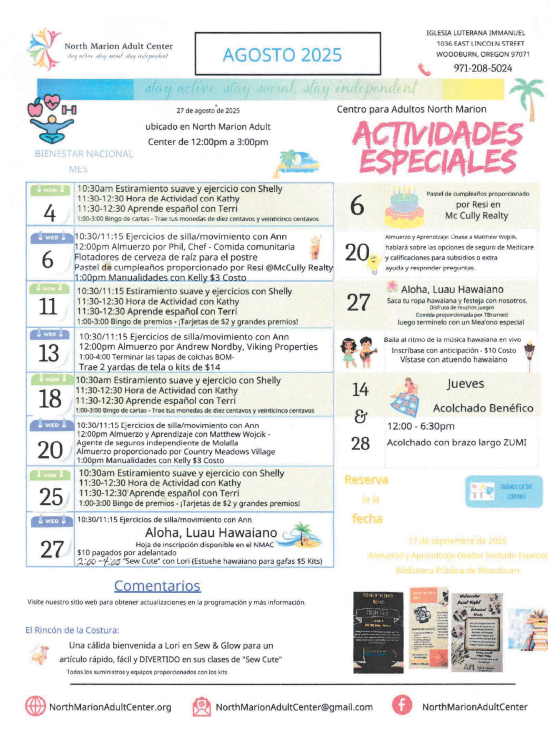 En Espanol 2025 Agusto North Marion Adult Center Event Calendar